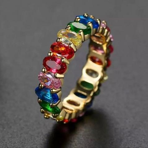 Vintage Colorful Inlaid Crystals Gold Ring