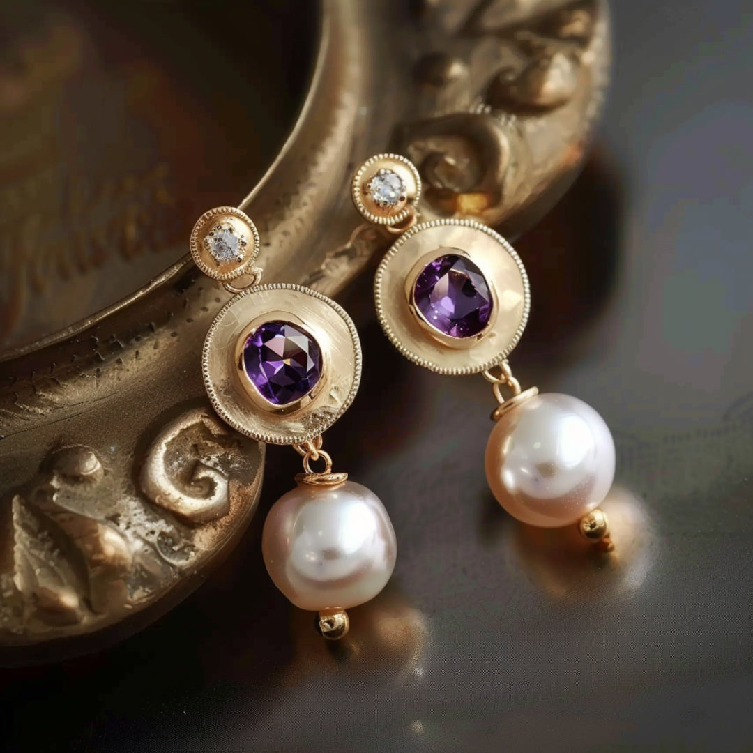 Golden Purple Pearl Earrings