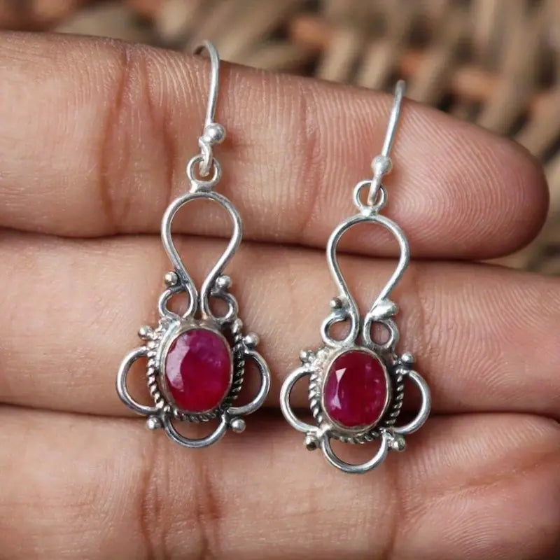 Vintage Garnet Stone Silver Earrings