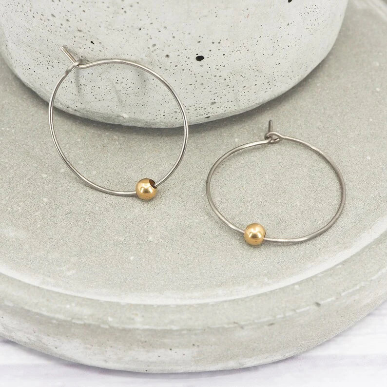 Vintage Silver Hoop Golden Pearl Earrings