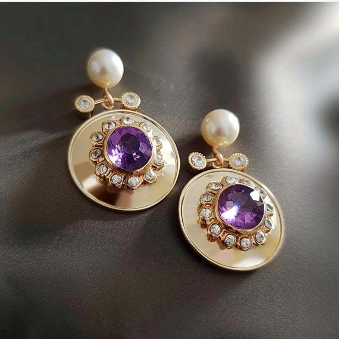 Rounded Golden Purple Zirconia Earrings