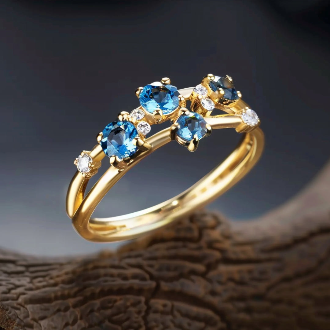 Inlaid Blue Crystal Gold Ring