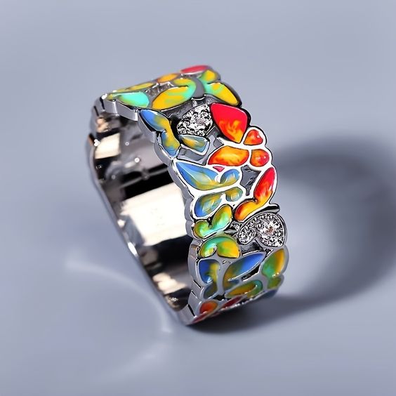 Vintage Enamel Colorful Silver Ring