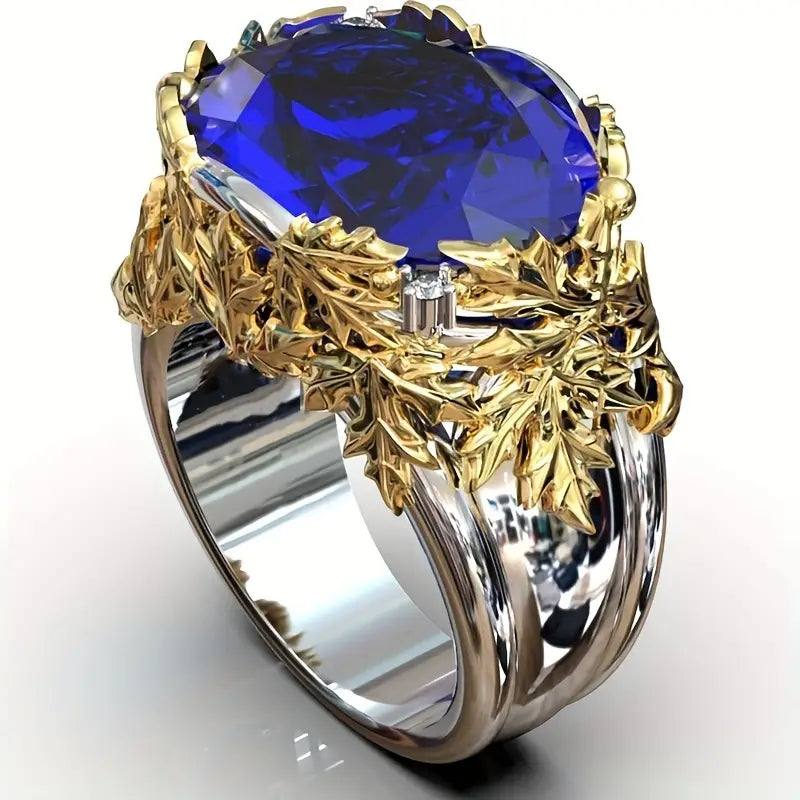 Vintage Blue Glass Golden Leaf Silver Ring