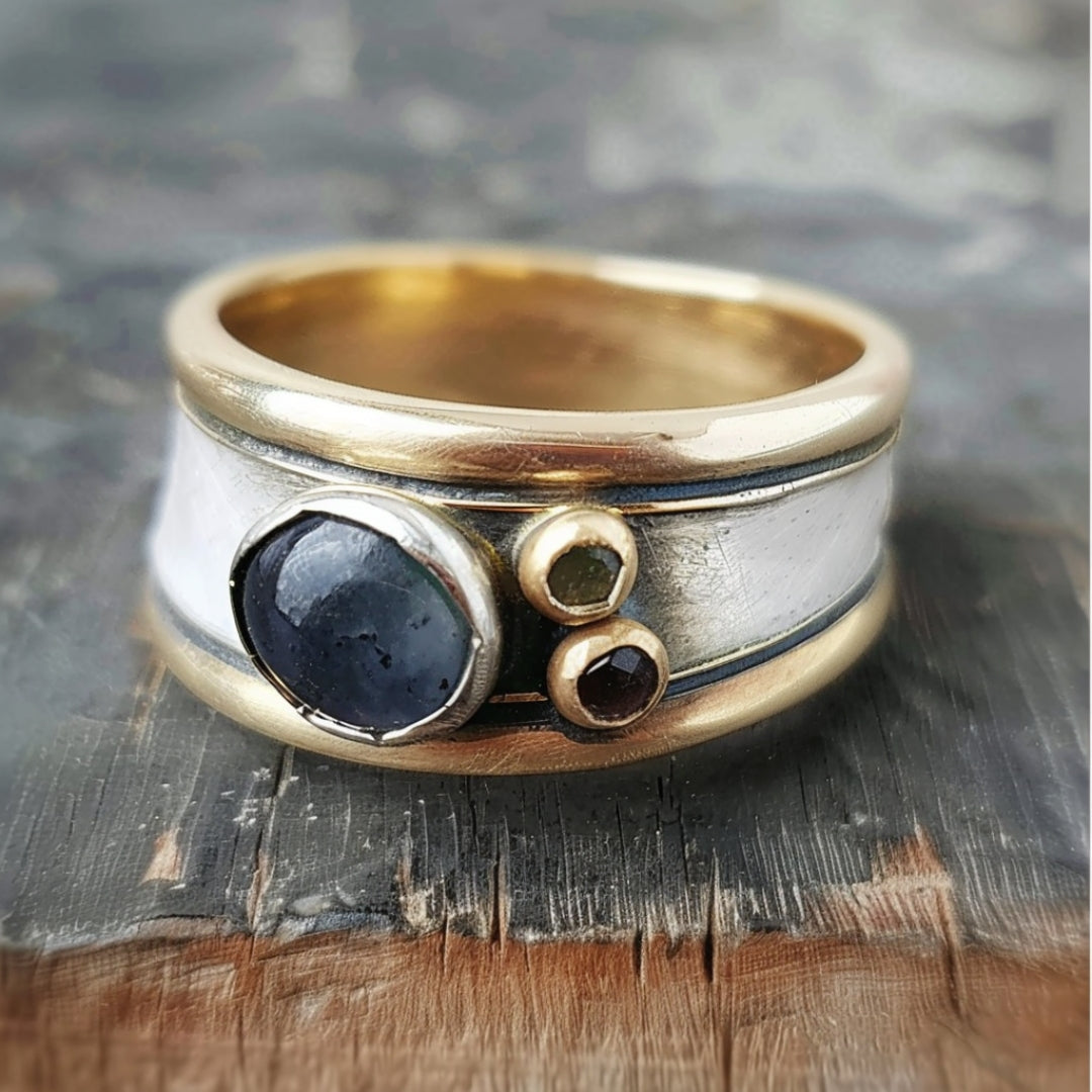 Gold & Silver Inlaid Blue Stone Ring