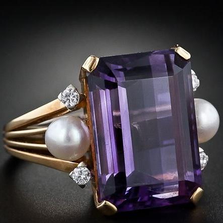 Vintage Purple Glass Pearl Golden Ring