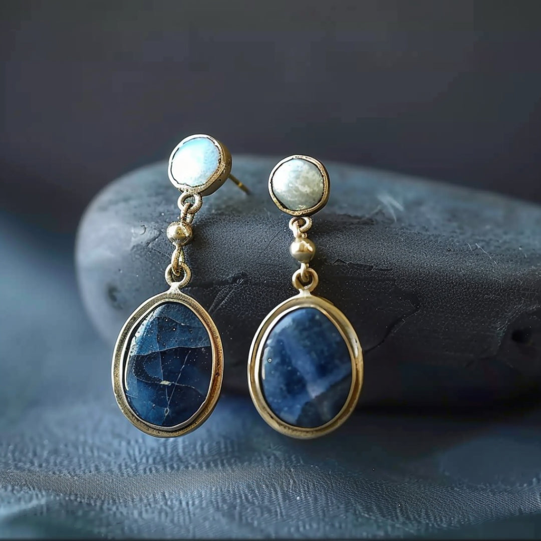 Blue Inlaid Stone Pearl Earrings