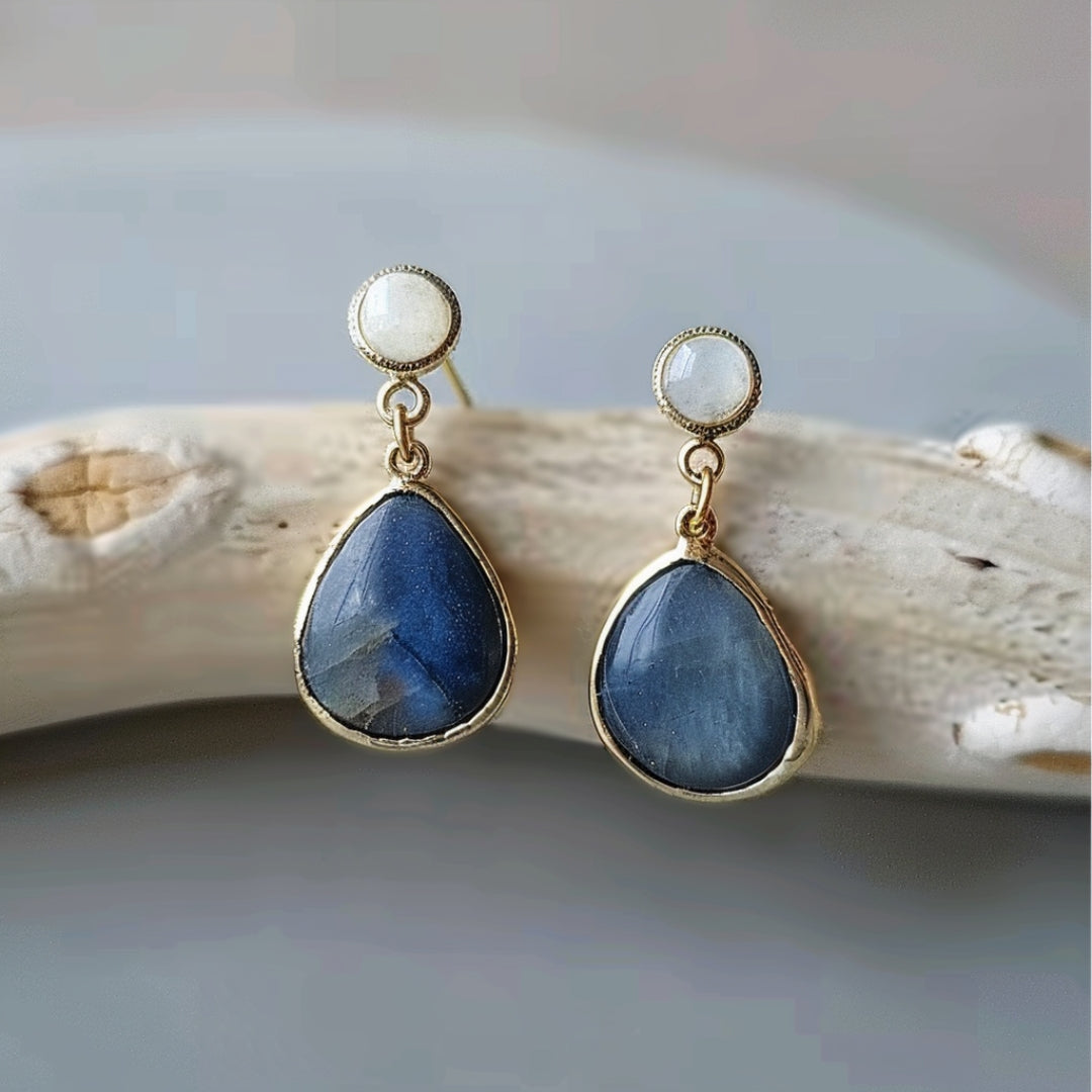 Blue Inlaid Drop Stone Pearl Earrings