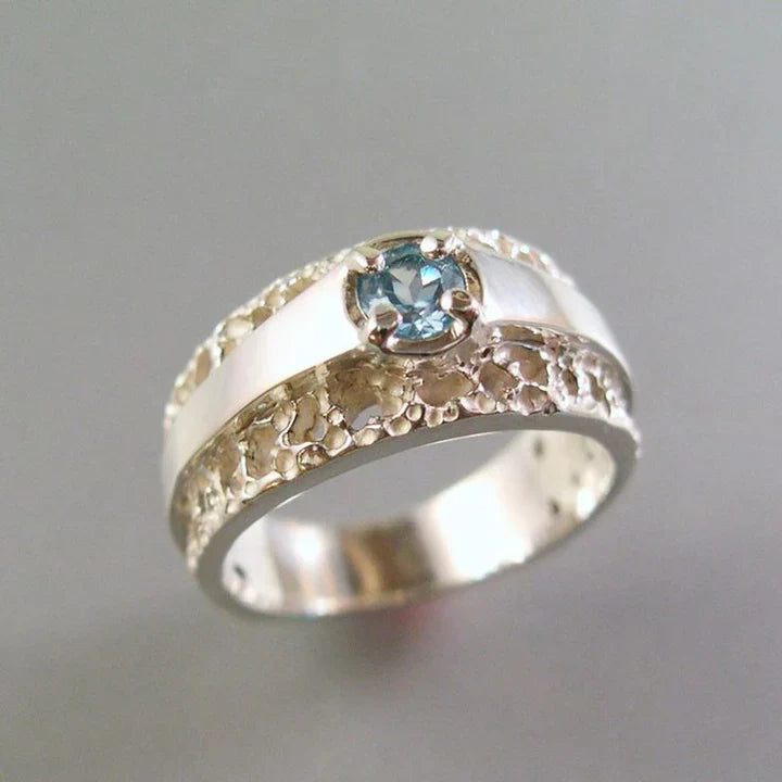 Vintage Hollow Gold & Silver Blue Glass Ring