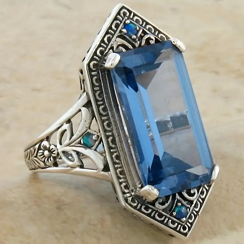 Vintage Blue Glass Silver Hollow Ring