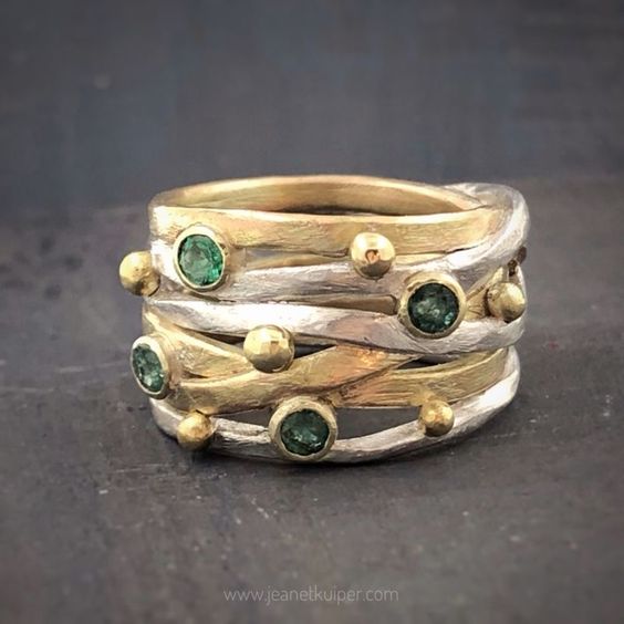 Vintage Layered Green Crystal Gold & Silver Ring