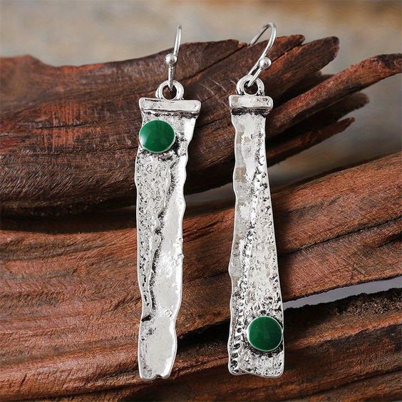 Vintage Rectangular Green Silver Earrings