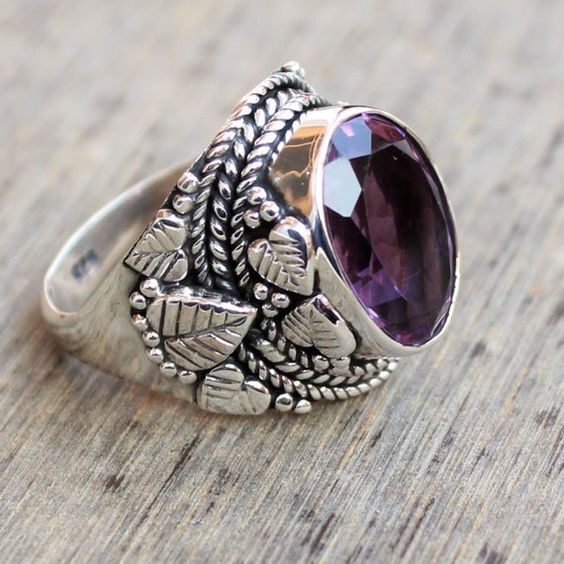 Vintage Inlaid Purple Glass Silver Ring