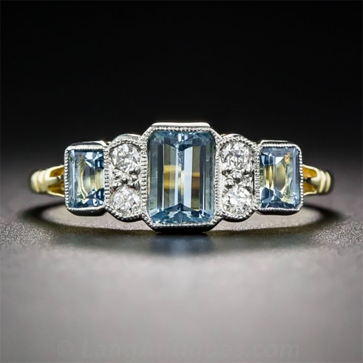 Vintage Blue & White Cubic Glass Gold Ring