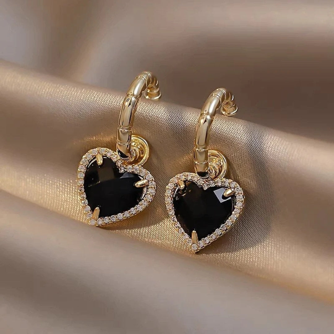 Golden Black Heart Earrings