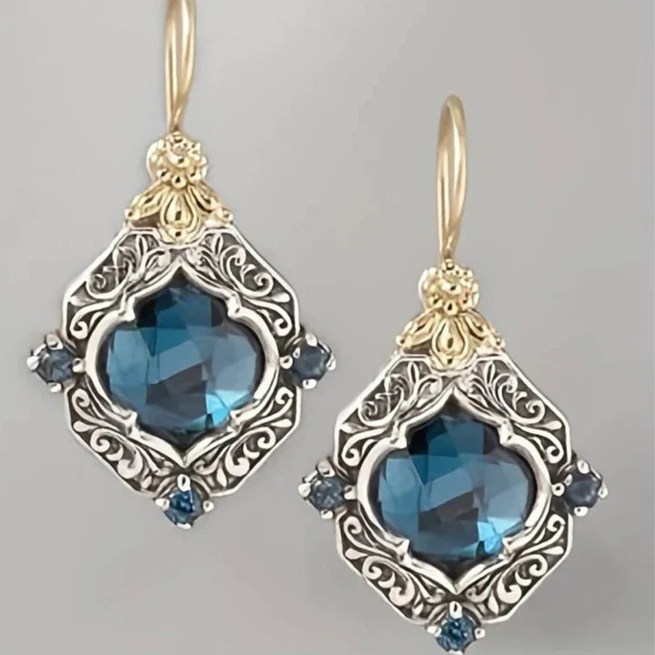 Vintage Blue Crystal Gold Earrings