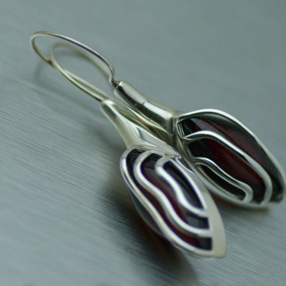 Vintage Dark Red Stone Silver Earrings