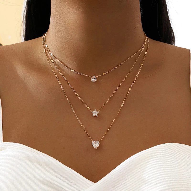 Three Pendant Necklace with Gold Zirconia