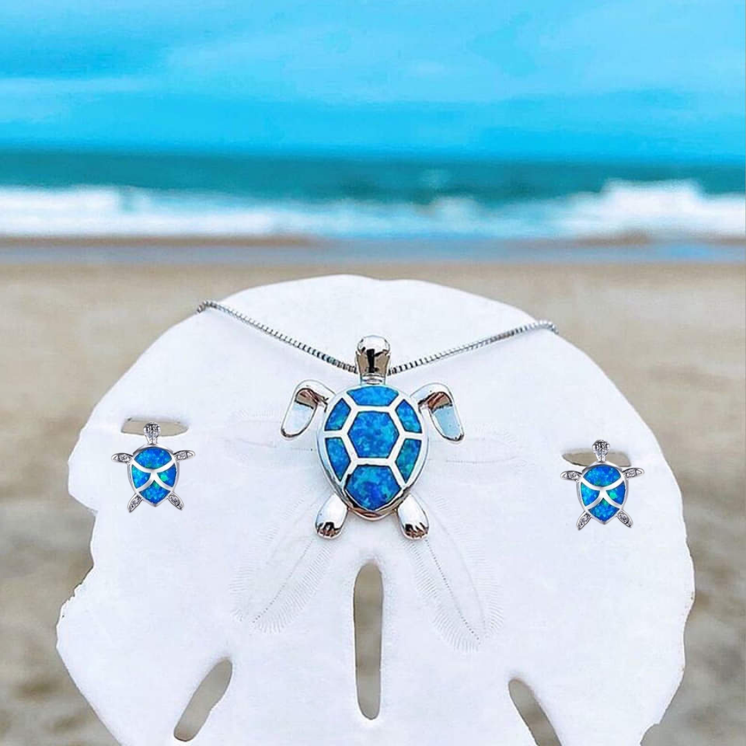 Sea Turtle Necklace + Earrings Set in Opal and Silver