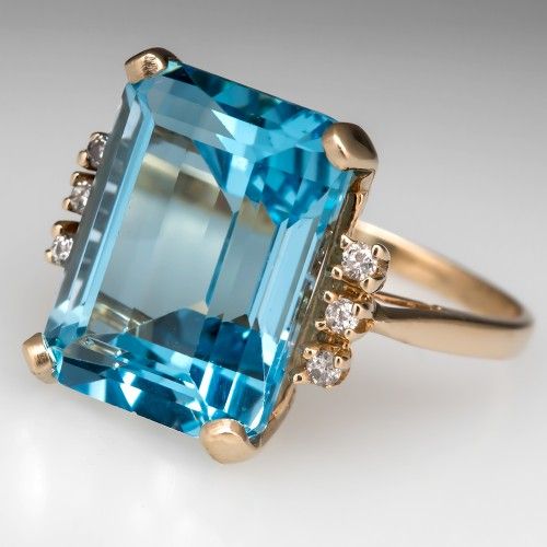 Vintage Blue Ocean Glass & Zirconia Gold Ring