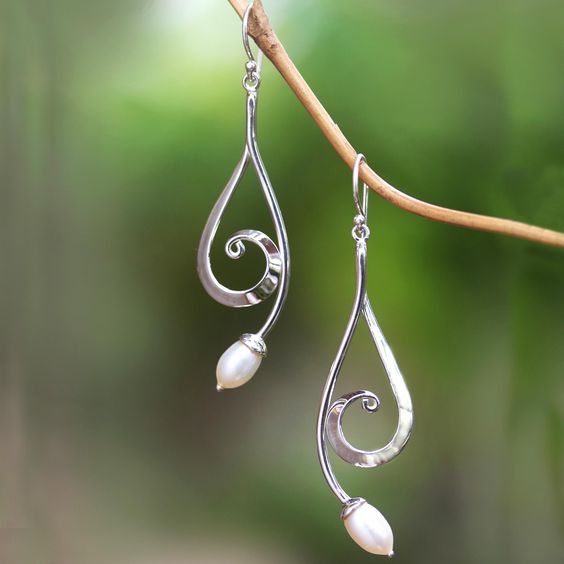 Vintage Dangling Spiral Pearl Silver Earrings