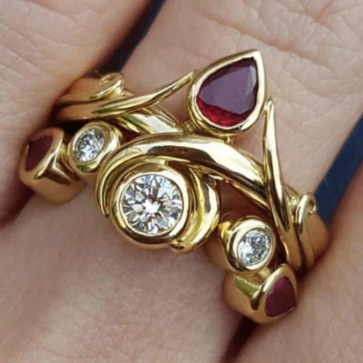 Vintage Red Drop Zirconia Golden Ring