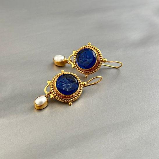 Vintage Blue Pearl Gold Earrings