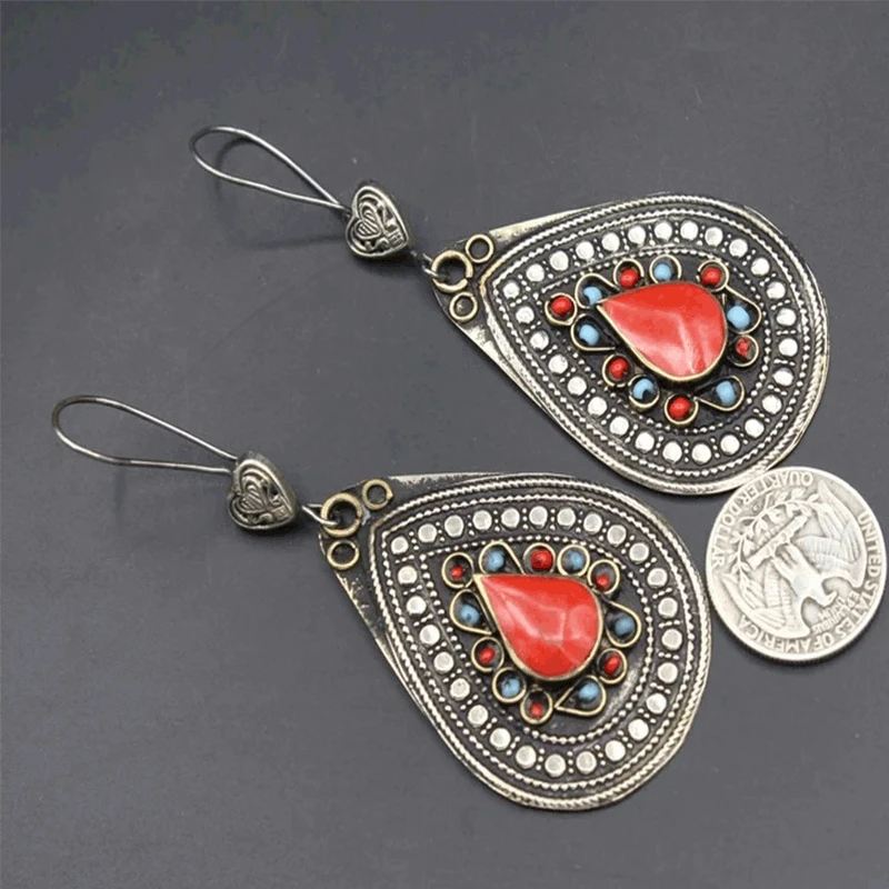 Vintage Red Crystal Mandala Drop Earrings