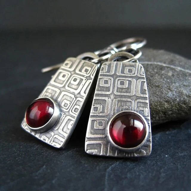 Vintage Red Crystal Rectangular Earrings