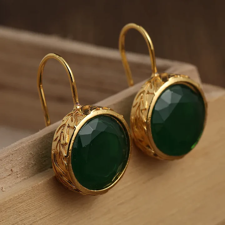 Vintage Green Inlaid Stone Golden Earrings