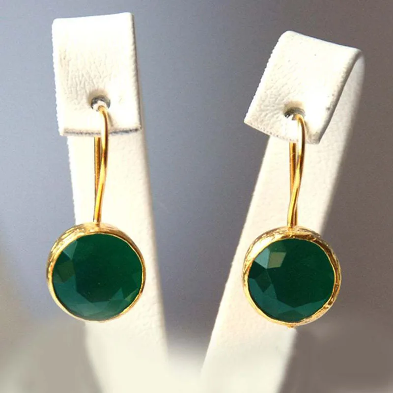 Vintage Green Rounded Stone Golden Earrings