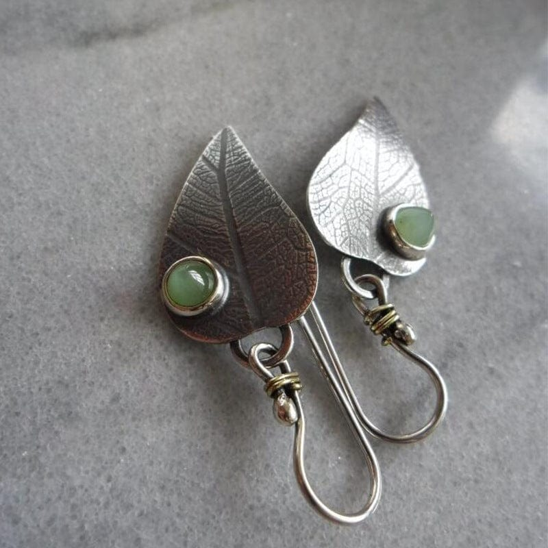 Vintage Silver Leaf Green Stone Earrings