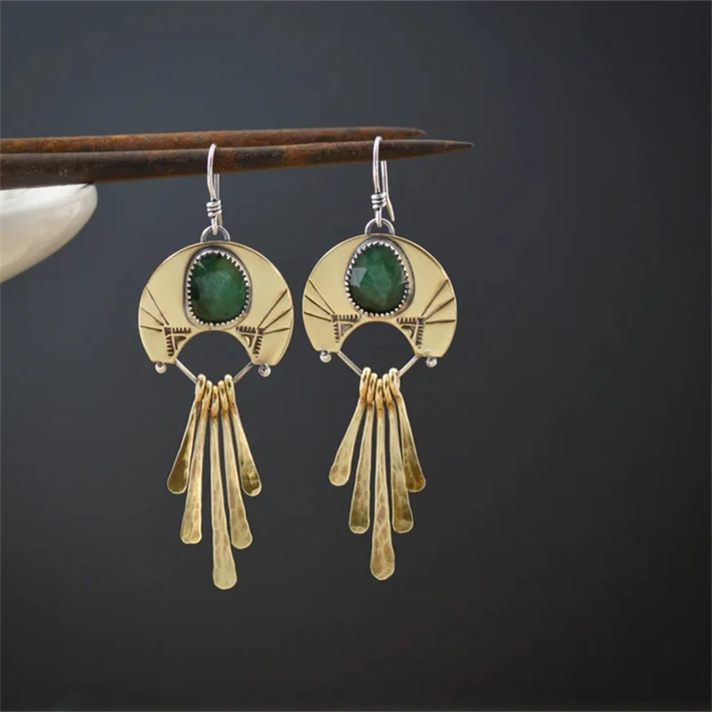 Vintage Golden Dangling Green Stone Earrings