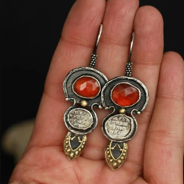 Vintage Inlaid Red Crystal Earrings