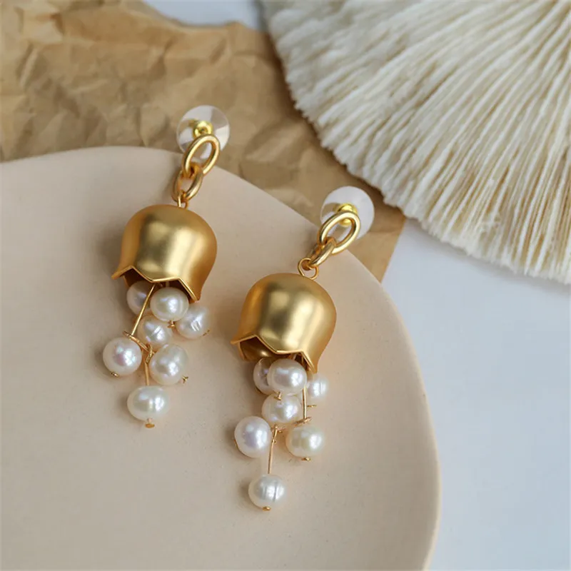 Elegant Pearl Gold Bell Earrings