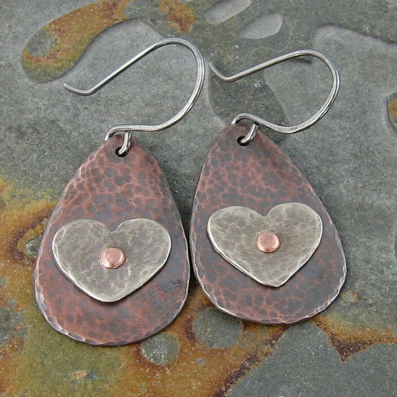 Vintage Bronze Silver Heart Earrings