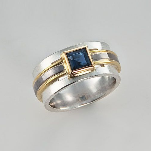 Vintage Blue Inlaid Crystal Gold & Silver Ring