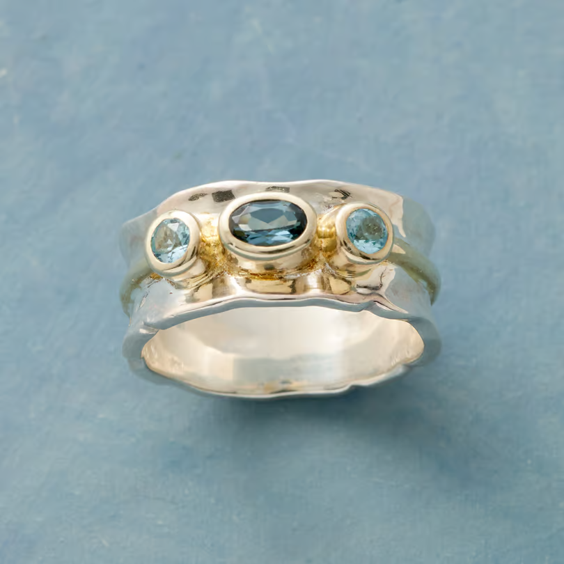 Vintage Blue Inlaid Stones Golden & Silver Ring