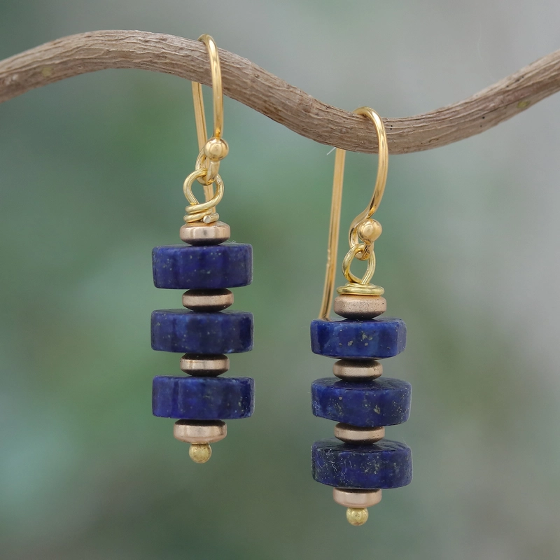 Vintage Blue Dangling Stones Gold Earrings