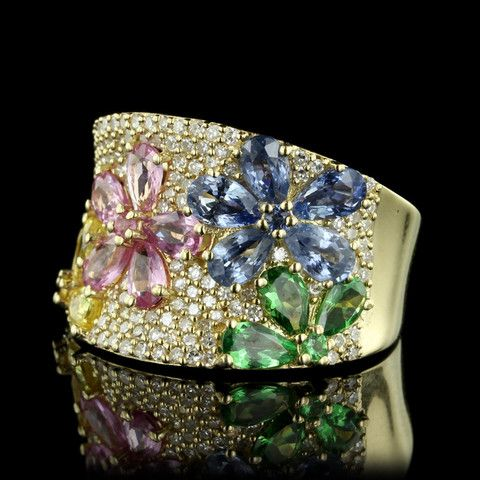 Vintage Colorful Crystal Flower Gold Ring