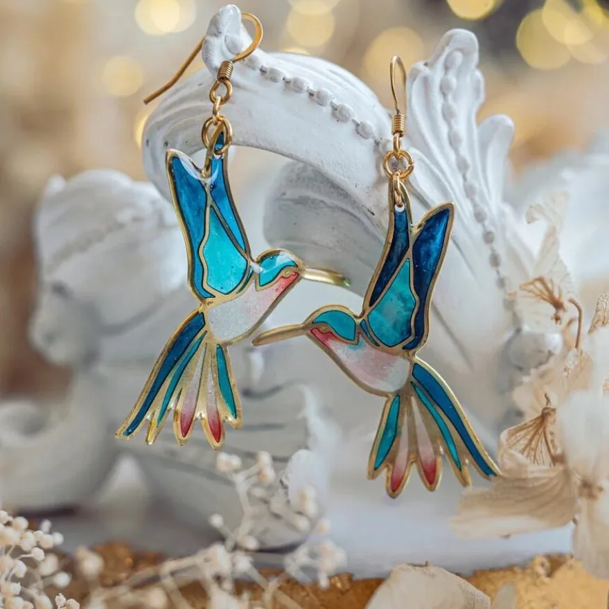 Vintage Blue Enamel Hummingbird Earrings