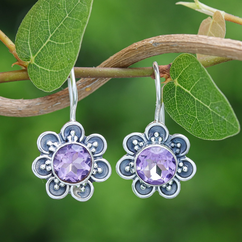 Vintage Purple Crystal Flower Earrings