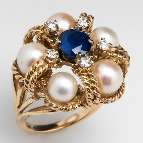 Vintage Blue Zirconia & Pearl Ring