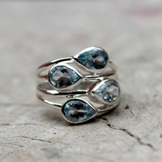 Vintage Blue Drop Crystal Layered Ring