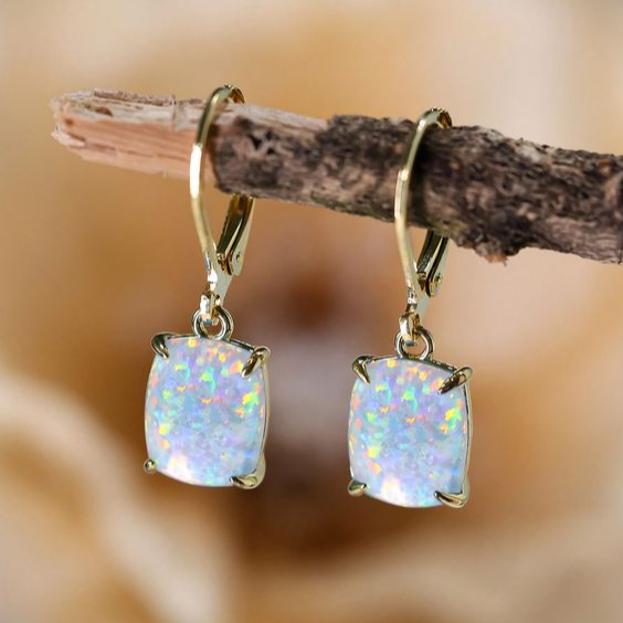 Vintage White Opal Square Earrings