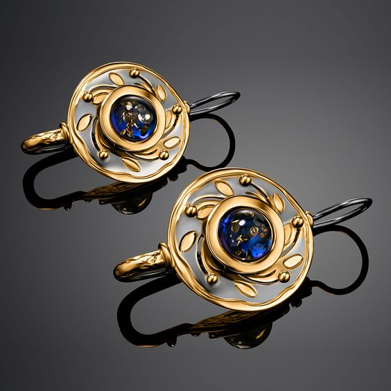 Vintage Rounded Blue Crystal Golden Earrings