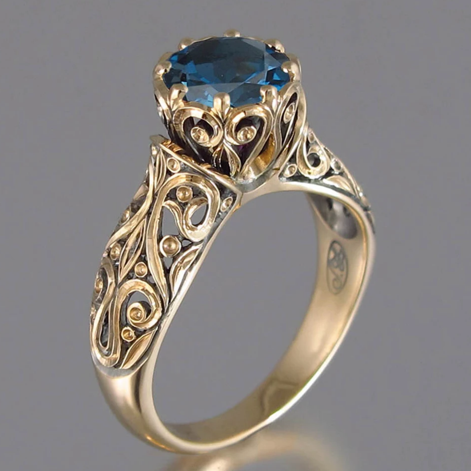 Vintage Blue Crystal Glden Hollow Ring