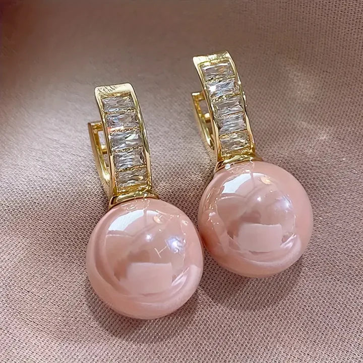 Pink Pearl Zirconia Gold Earrings